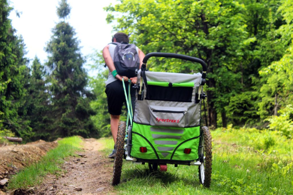 Mężczyzna ciągnący przez las, za linę zielono - szary wózek qeridoo sportex 1