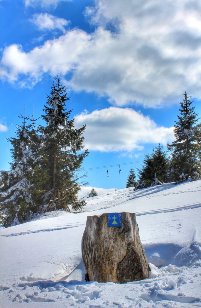 Szlak papieski - Rysianka (Beskid Żywiecki), w oddali widoczny wyciąg narciarski na Rysiance