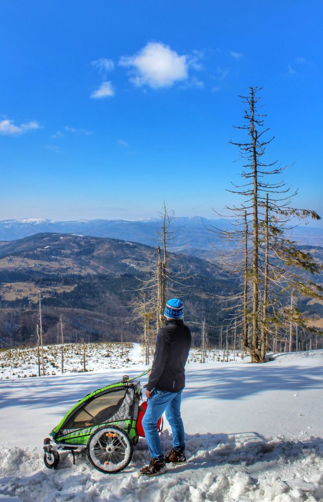 Turysta z wózkiem podziwiający widoki górskie na zielonym szlaku idącym na Halę Boraczą z Hali Lipowskiej
