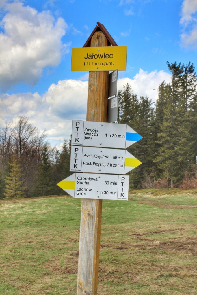 Słup, tabliczka w kolorze żółtym z napisem Jałowiec, opis drogowskazu niebieskiego oraz żółtego prowadzącego ze szczytu Jałowiec