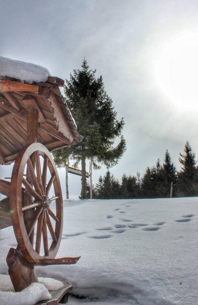 Drewniany wóz, zaśnieżona polana w okolicach Wielkiej Czantorii, słoneczny, zimowy dzień