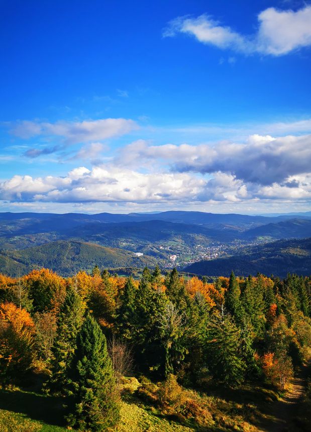 Jesień, Wielka Czantoria w Beskidzie Śląskim, niebieskie niebo 