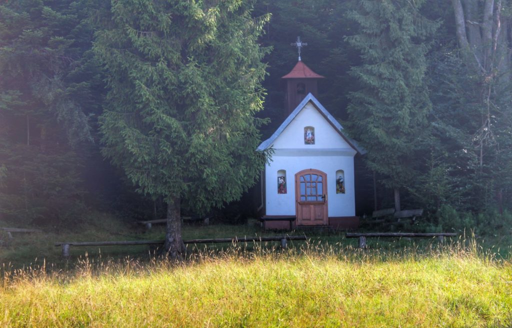 Mała, biała kapliczka stojąca koło lasu w Gorcach - osiedle Oleksówki w Nowym Targu