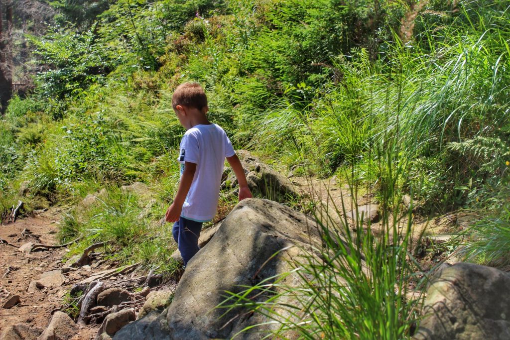 Małe dziecko na skalnym szlaku w Gorcach