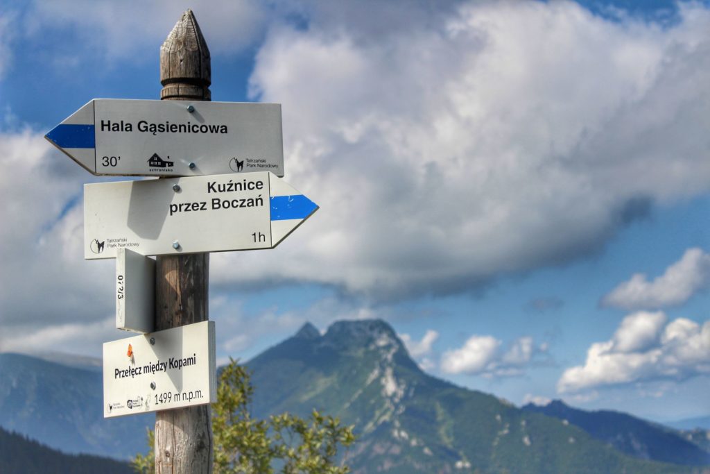 Drewniany słup z drogowskazami na Przełęczy między Kopami w Tatrach Wysokich, niebieski szlak na Halę Gąsienicową - 30 minut