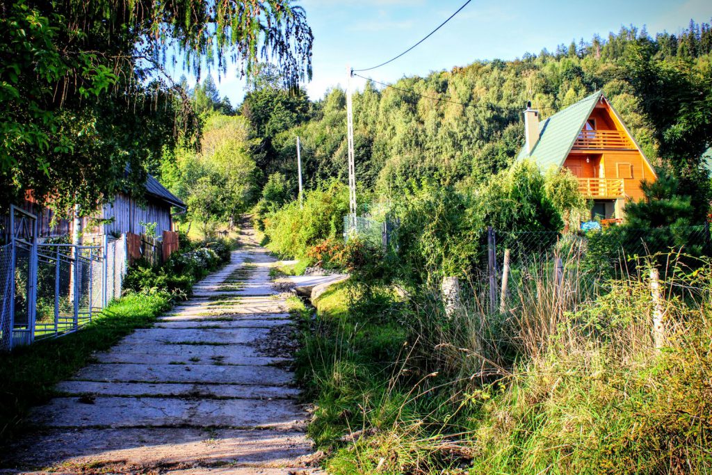 Szeroka, brukowana droga prowadząca między domami, w tle las oraz po prawej stronie drewniany domek letniskowy
