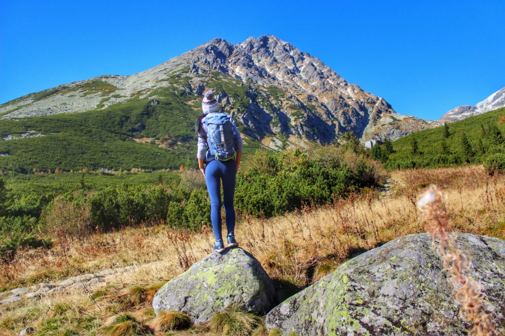 Kobieta stojąca na skale, patrząca na Tatry - Wyżnia Wielicka Polana