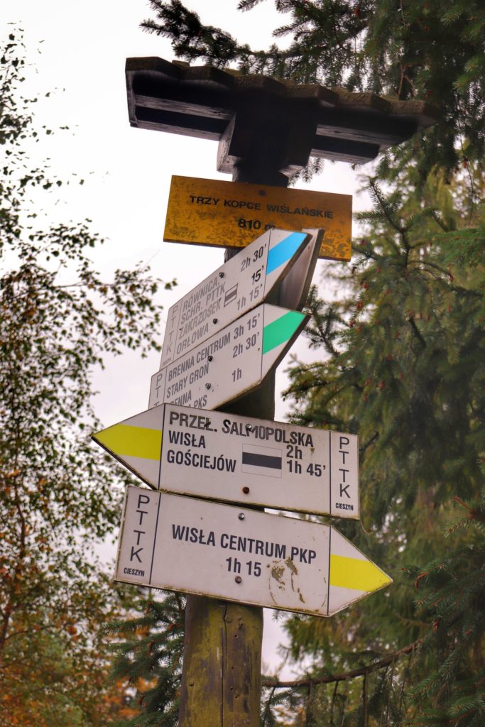 żółta tabliczka z napisem Trzy Kopce Wiślańskie mierzący 810 metrów, opis szlaków prowadzących ze szczytu