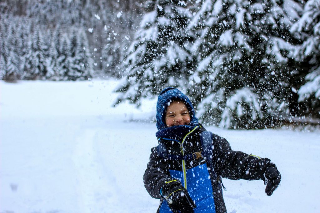 Dziecko rzucające śniegiem, w tle drzewa iglaste
