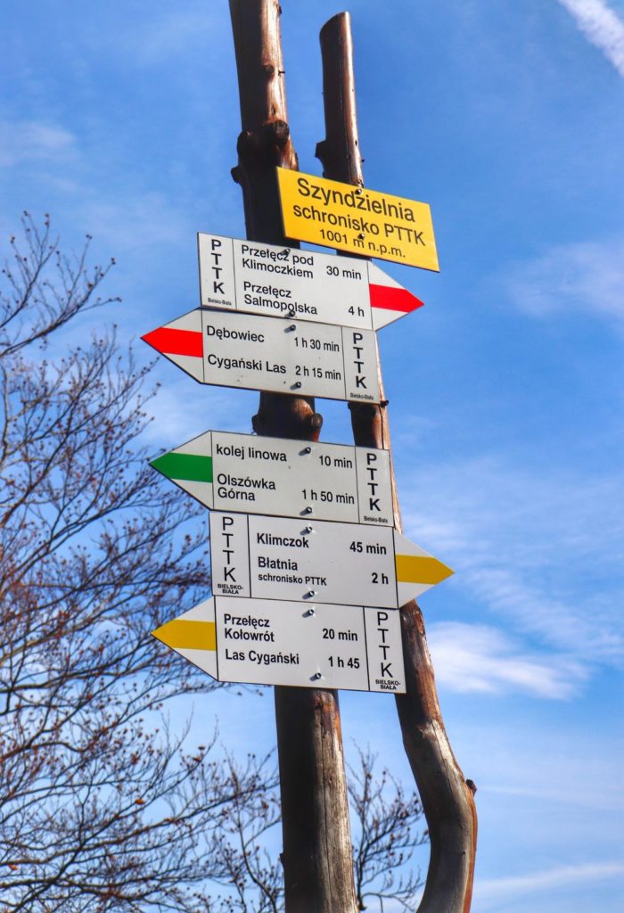 Żółta tabliczka z napisem Szyndzielnia schronisko PTTK, opis szlaków prowadzących z okolic schroniska