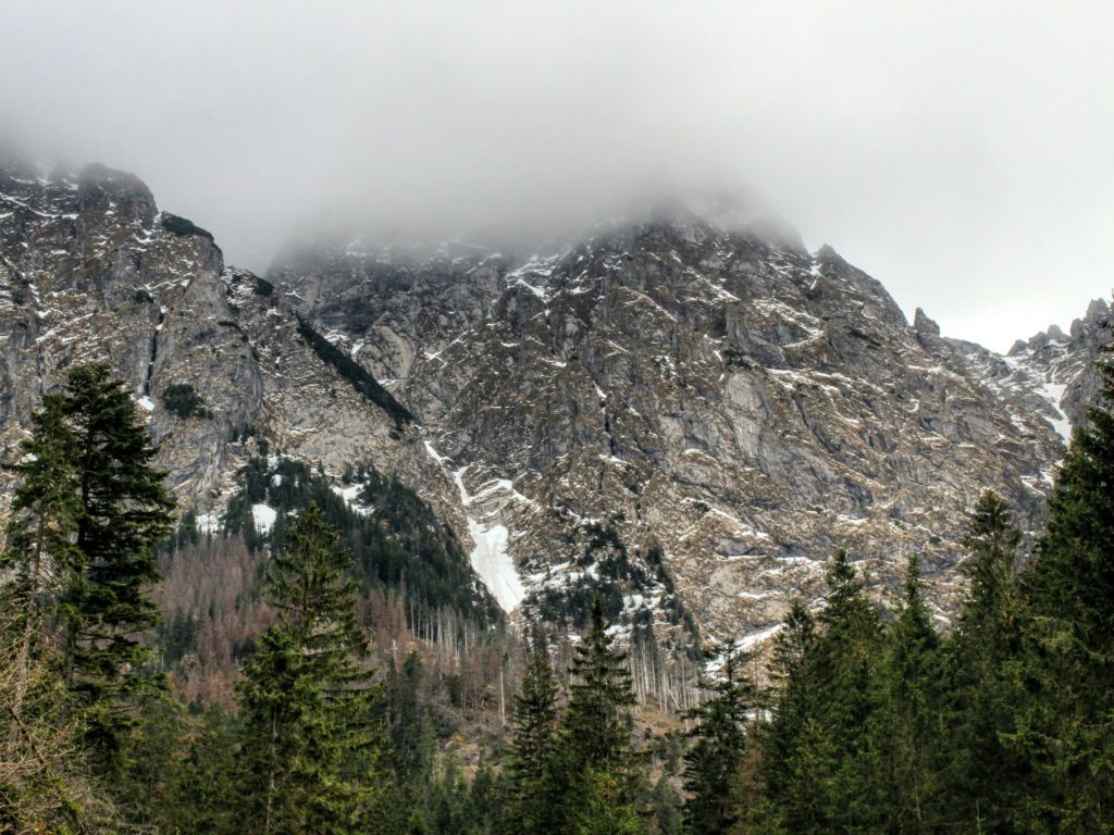 widok na tatrzańskie, miejscami zaśnieżone szczyty rozciągający się z Polany Strążyskiej