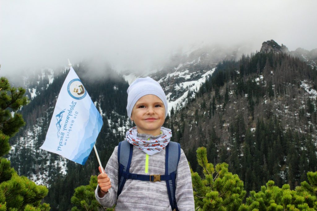 zadowolone dziecko trzymające w rączce flagę akcji Zdobywamy Szczyty dla Hospicjum, w tle Tatry oraz kosodrzewina