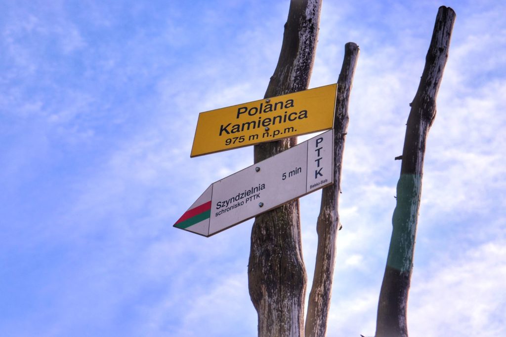 Żółta tabliczka z napisem Polana Kamienica 975 m n.p.m. oraz tabiczka informująca, że szlakiem czerwono - zielonym do schroniska na Szyndzielni jest 5 minut, niebieskie niebo