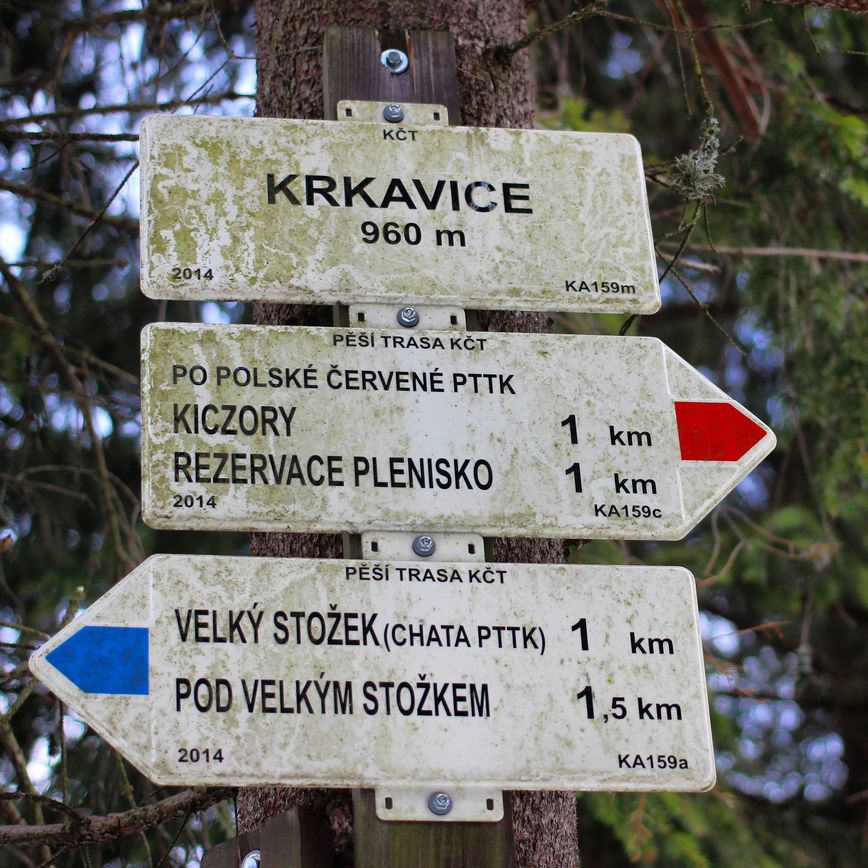 Biała, zabrudzona tablica oznaczająca szczyt Krykavica położony 960 metrów, drogowskazy opisujące czerwony oraz niebieski szlak