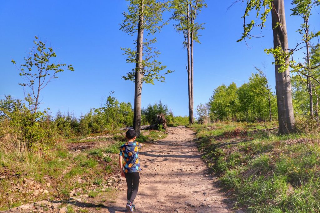 Dziecko na niebieskim szlaku na Kozią Górę, idąca w górę droga