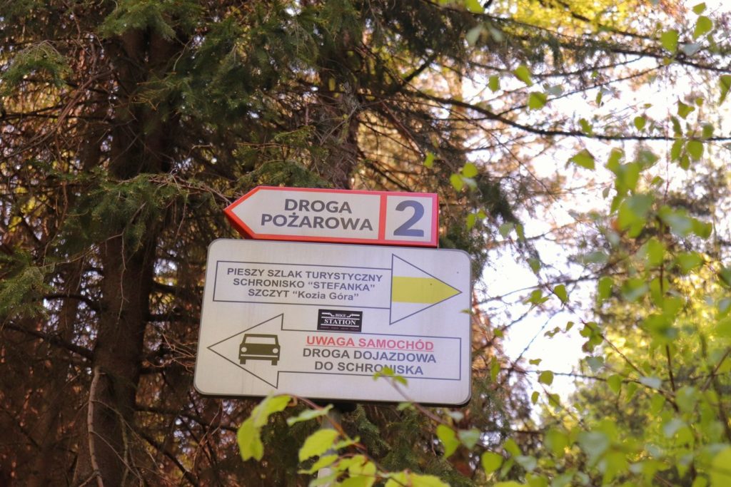 Tablice informacyjne na żółtym szlaku na szczyt Kozia Góra