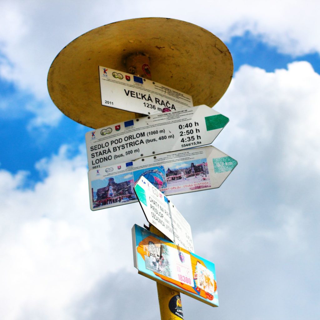 Słup z tablicą informującą o szczycie Wielka Racza 1236 metrów nad poziomem morza oraz drogowskaz opisujący czas przejścia zielonym szlakiem