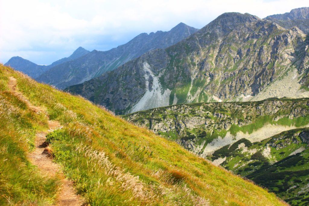 Trawiasta trasa na szczyt Brestowa z Przedniego Salatynu prowadząca tuż obok Tatrzańskich szczytów Tatr Zachodnich