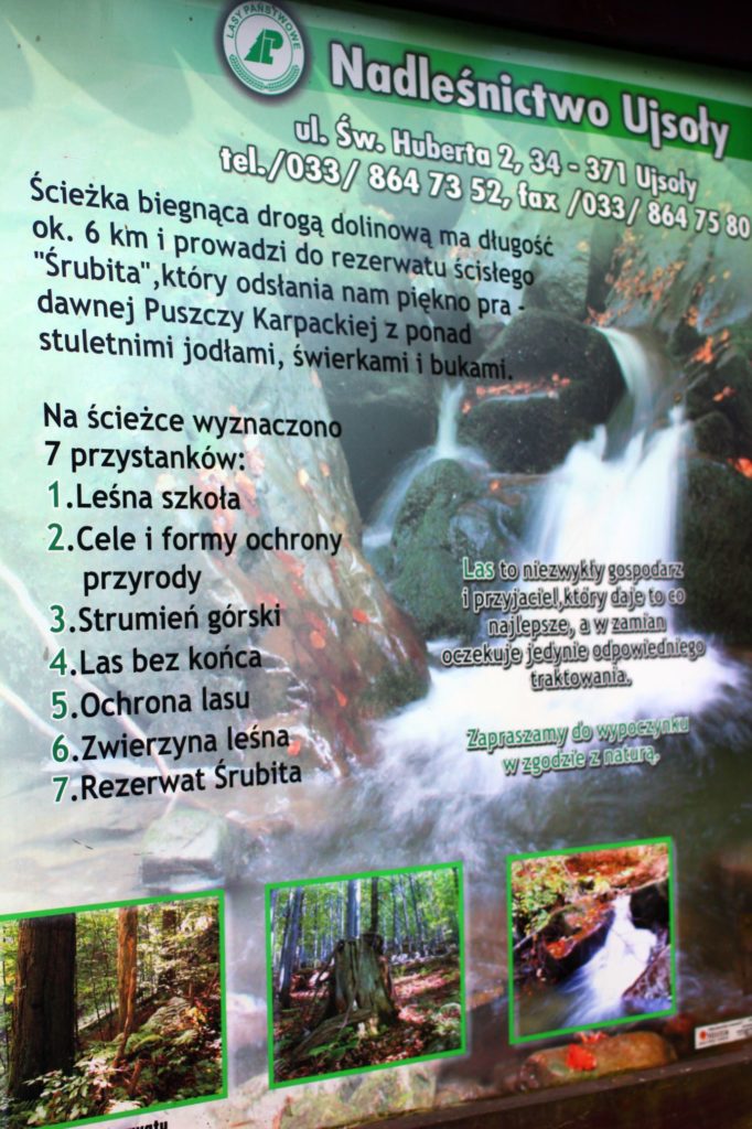tablica informacyjna na parkingu pod Raczą o ścieżce przyrodniczej ŚRUBITA, opis siemiu wyznaczonych przystanków
