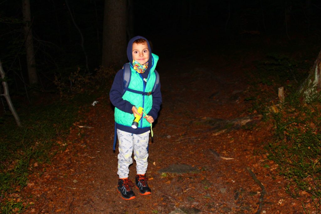 dziecko w lesie z latarką, późny wieczór
