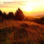 krajobraz górski rozciągający się z punktu widokowego Koczy Zamek oświetlone przez wschodzące słońce, oświetlona trawa, drzewa oraz poranne mgły