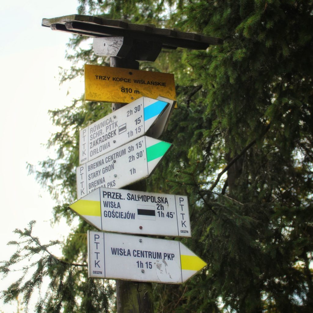 żółta tabliczka oznaczająca szczyt Trzy Kopce Wiślańskie mierzący 810 metrów, opis szlaków prowadzących ze szczytu