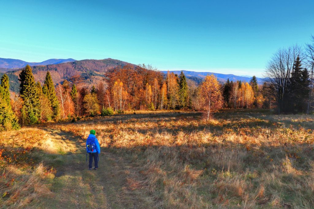 Dziecko w Beskidzie Śląskim na Górze Zabawa, jesienna pora, widok na Beskid Żywiecki