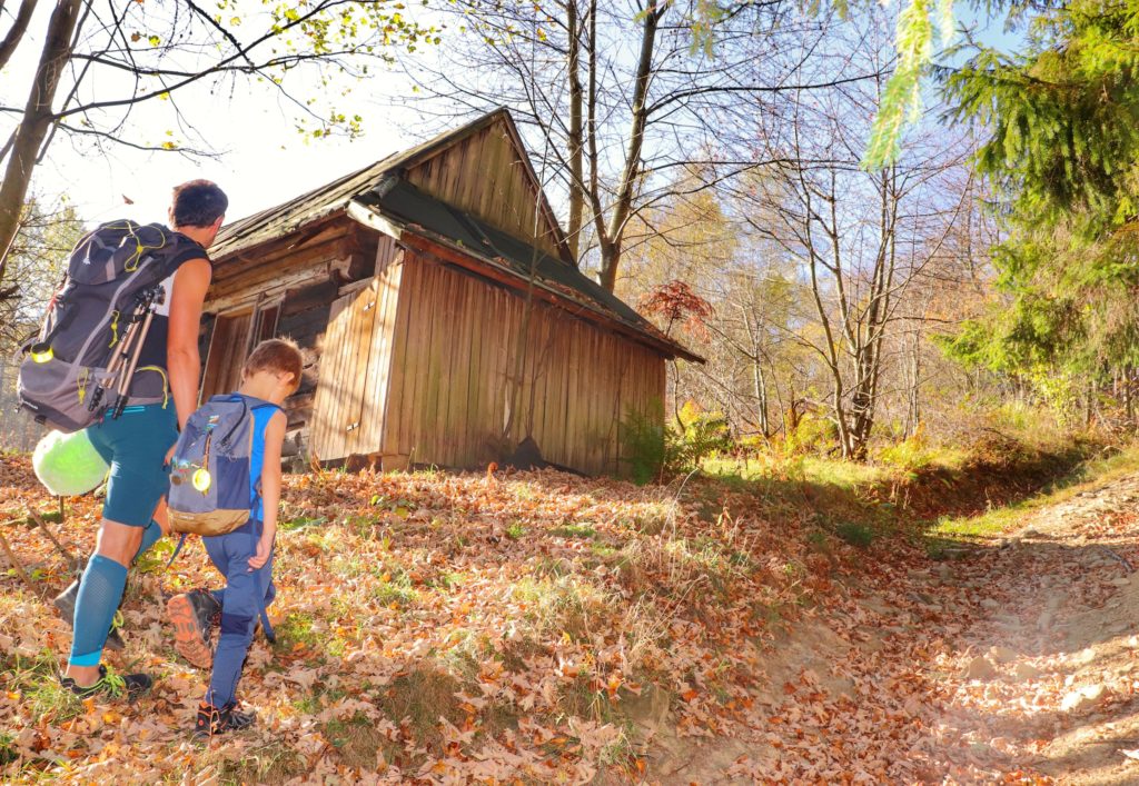 Mężczyzna z dzieckiem idący podejściem w górę, w tle stary drewniany dom oraz las