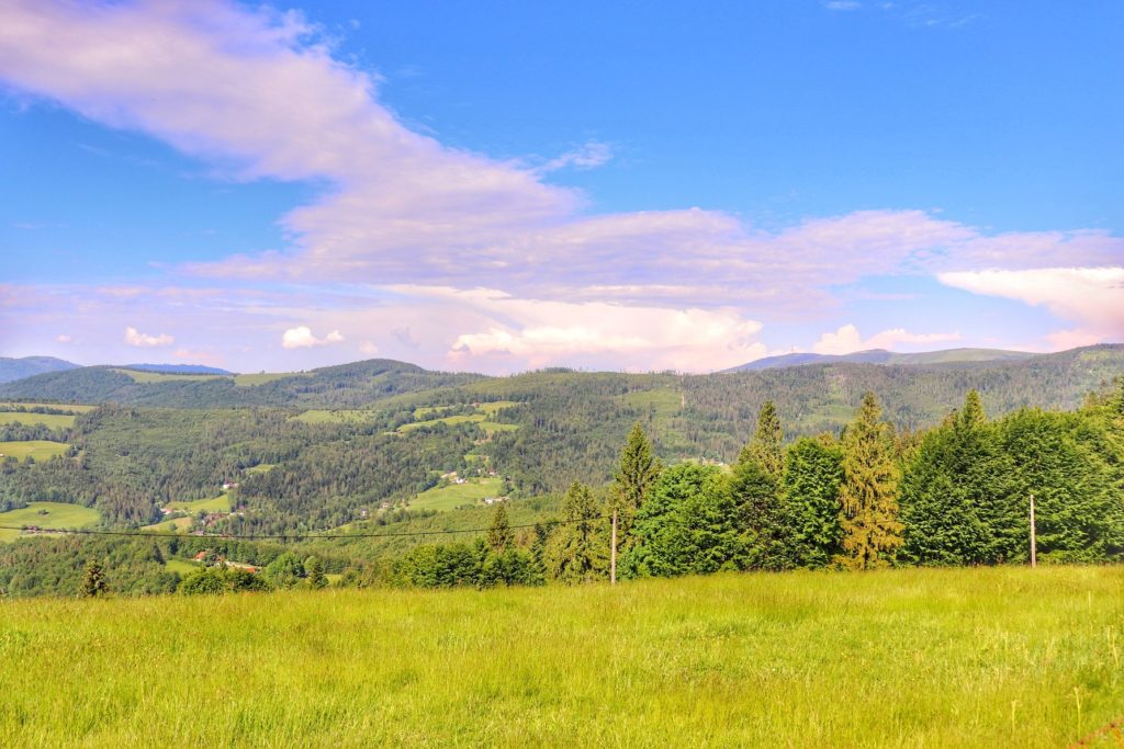 Widok na Beskidy (Hala Jaworowa) z żółtego szlaku na Trzy Kopce Wiślańskie