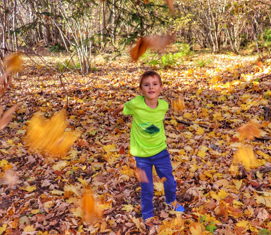 Zadowolone dziecko rzucające jesiennymi liśćmi