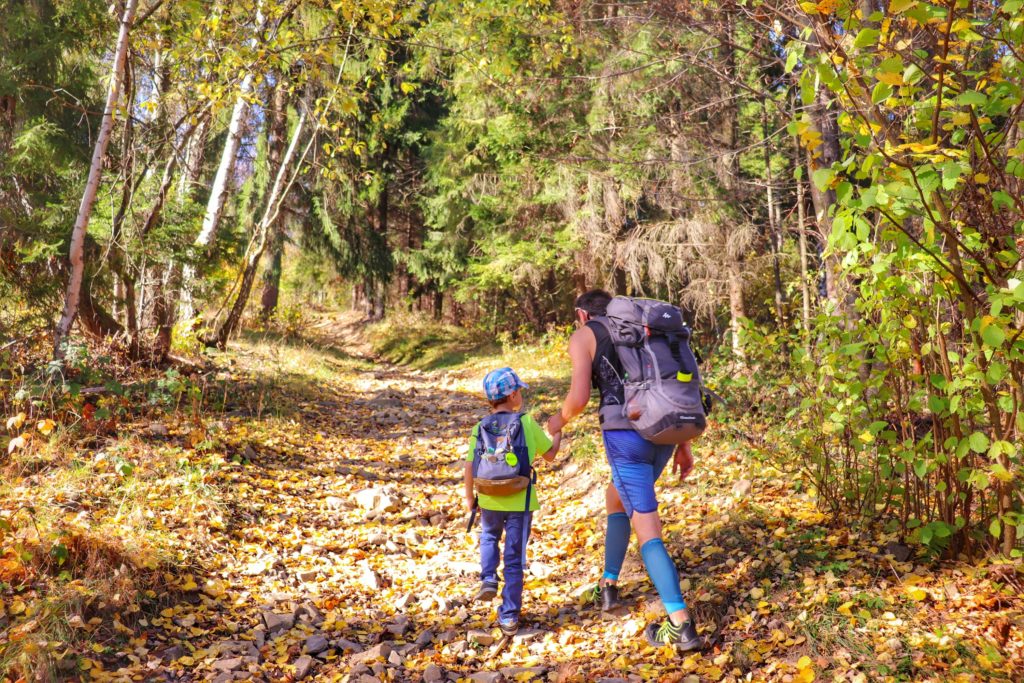 chłopiec idący z tatą przez las po jesiennych liściach