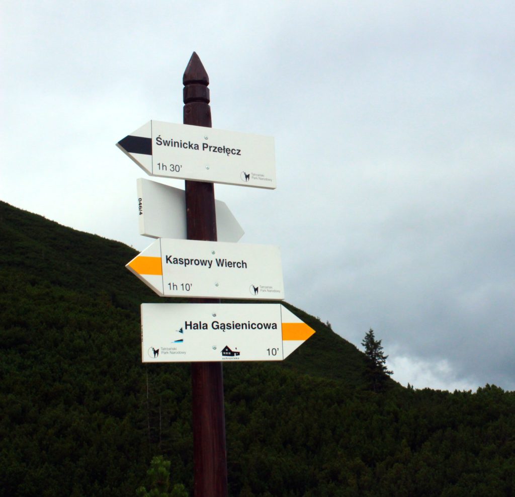 drogowskaz opisujący żółty szlak prowadzący do Hali Gąsienicowej w 10 minut, w przeciwnym kierunku w godzinę 10 minut na Kasprowy Wierch oraz czarny szlak na Świnicką Przełęcz w godzinę 30 minut