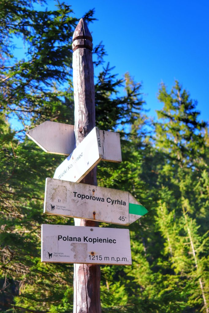 Drewniany słup z białą tablicą oznaczającą Polanę Kopieniec leżącą 1215 metrów nad poziomem morza oraz drogowskaz opisujący szlak zielony Toporowa Cyrhla czas przejścia 45 minut