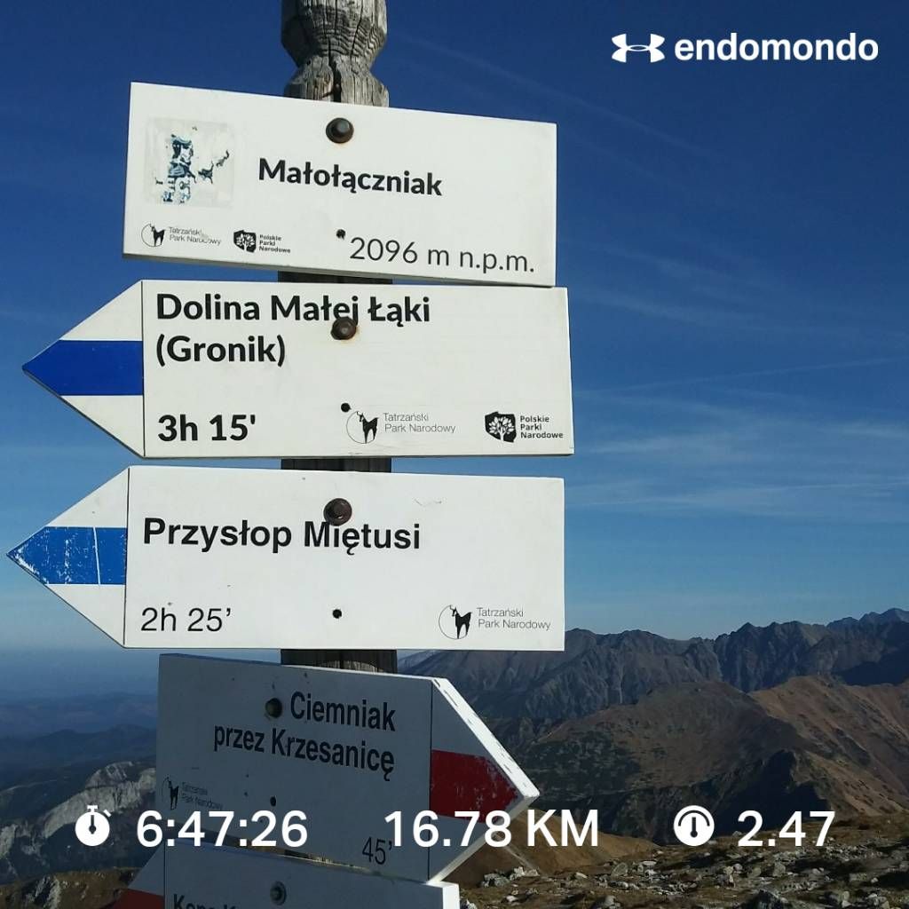 biała tablica oznaczająca szczyt Małołączniak 2096 metrów nad poziomem morza, parametry z endomondo, w tle Tatry