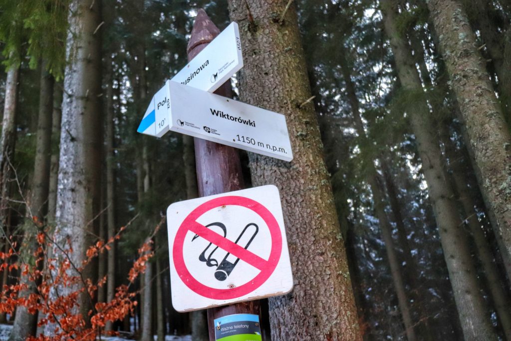 Biała tabliczka wisząca na słupie oznaczająca położone 1150 metrów nad poziomem morza Wiktorówki