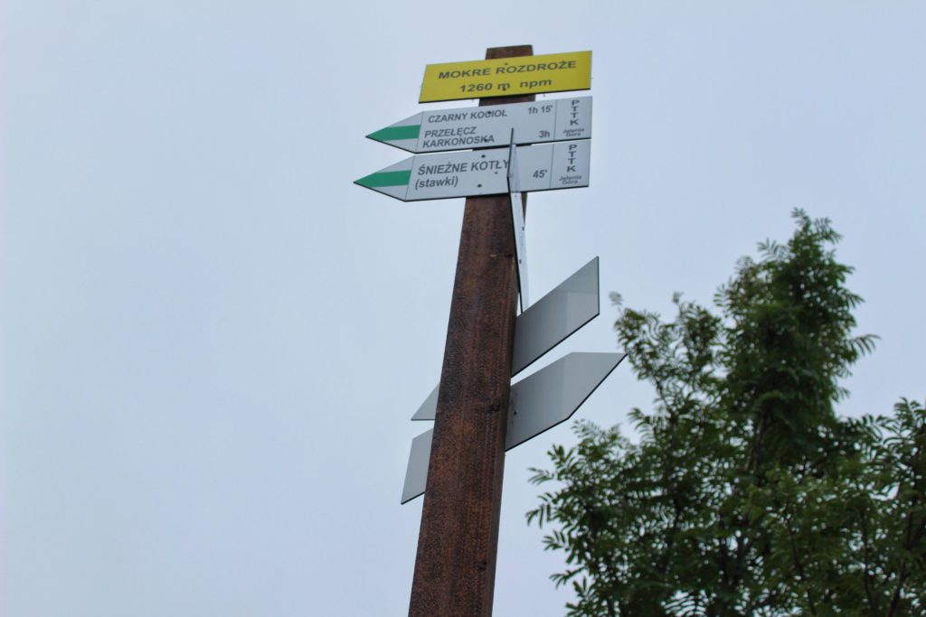 Żółta tablica oznaczająca Mokre Rozdroże położone 1260 metrów nad poziomem morza, drogowskaz informujący, że zielonym szlakiem jest 45 minut na Śnieżne Kotły