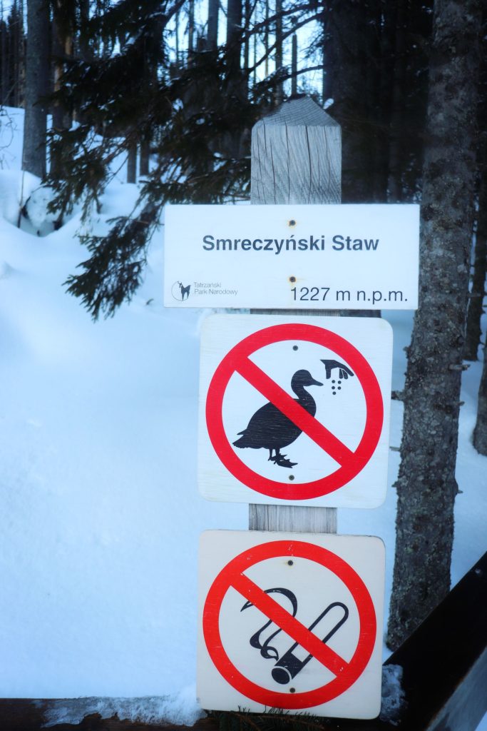 Biała tablica z napisem Smreczyński Staw wysokość 1227 metrów nad poziomem morza oraz zakaz dokarmiania kaczek oraz zakaz palenia