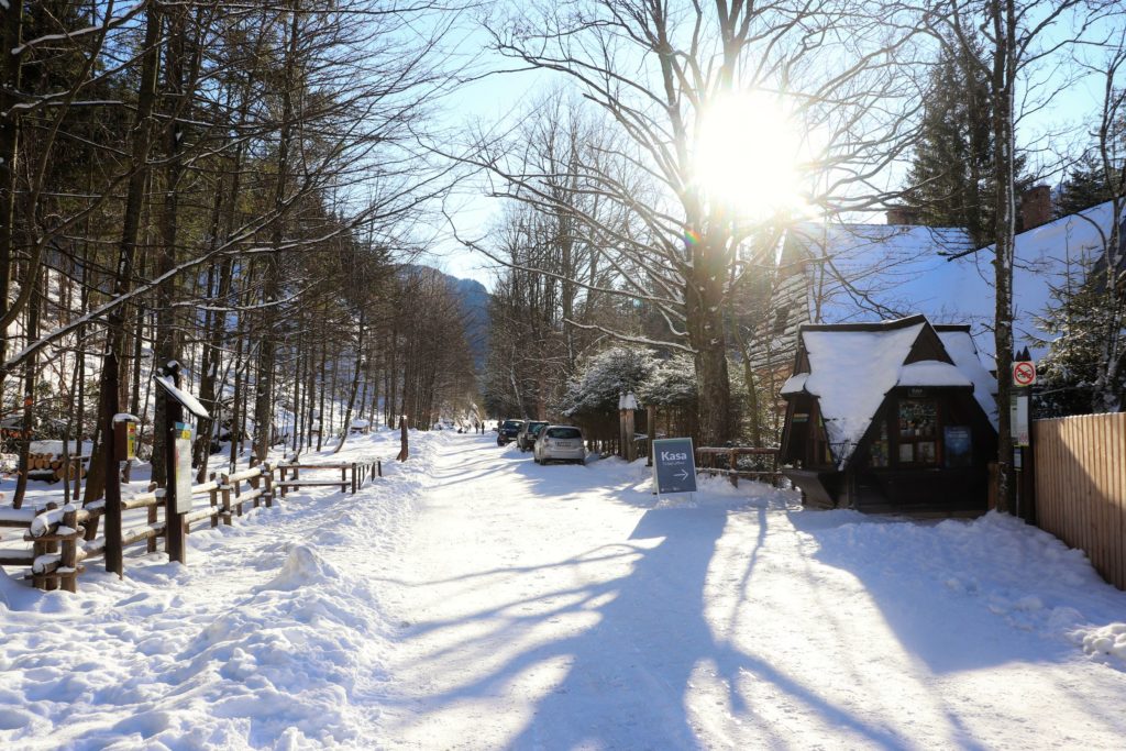 Drewniana chatka, kasa Tatrzańskiego Parku Narodowego w Dolinie Kościeliskiej, piękny, słoneczny, zimowy dzień