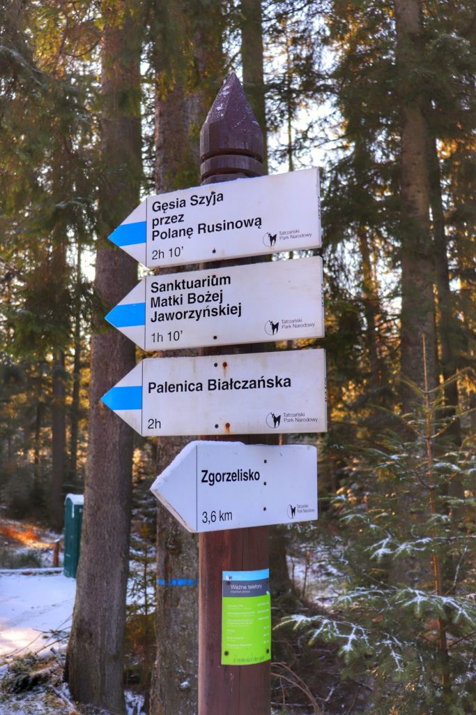 Drogowskaz informujący o przebiegu niebieskiego szlak na Gęsią Szyję przez Polanę Rusinową, czas przejścia ponad dwie godziny