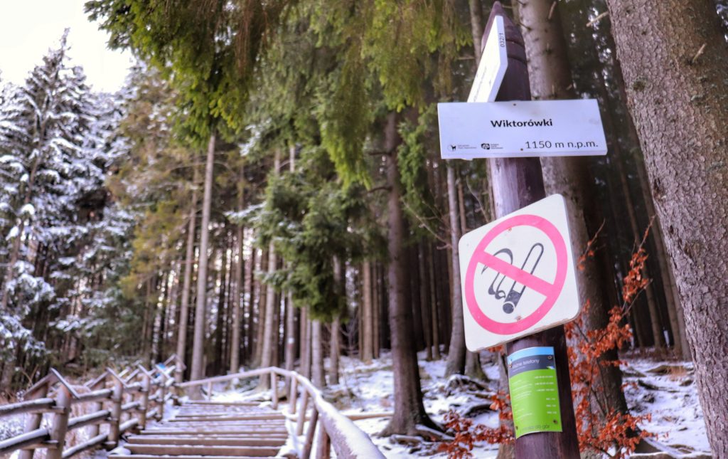 Po lewej stronie drewniane schody prowadzące na Polanę Rusinową, po lewej słup z tablicą Wiktorówki 1150 metrów oraz znak zakazujący palenia