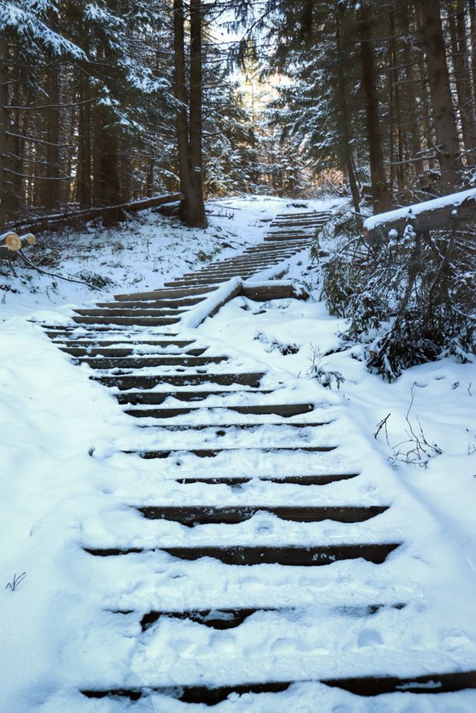 zaśnieżone schody prowadzące na szczyt Gęsia Szyja