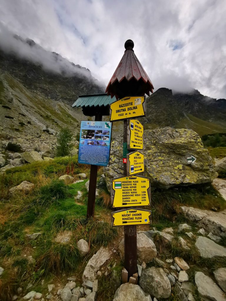 Słup z żółtą tablicą Rozdroża w Smutnej Dolinie na tle skalnych ścian Tatr