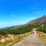 Brukowana droga, z której widać doskonale najwyższy szczyt Karkonoszy Śnieżkę