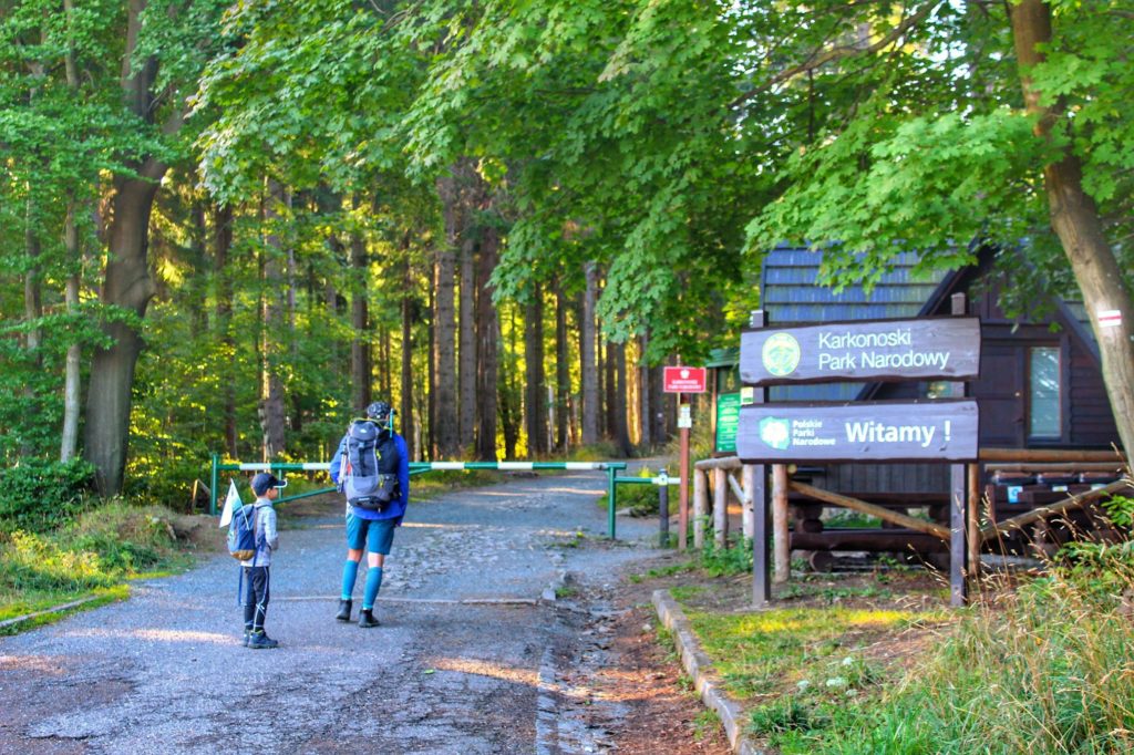 Dwóch turystów, mężczyzna i dziecko stojący przed szlabanem oraz przy kasie Karkonoskiego Parku Narodowego znajdującej się po prawej stronie, szeroka leśna droga
