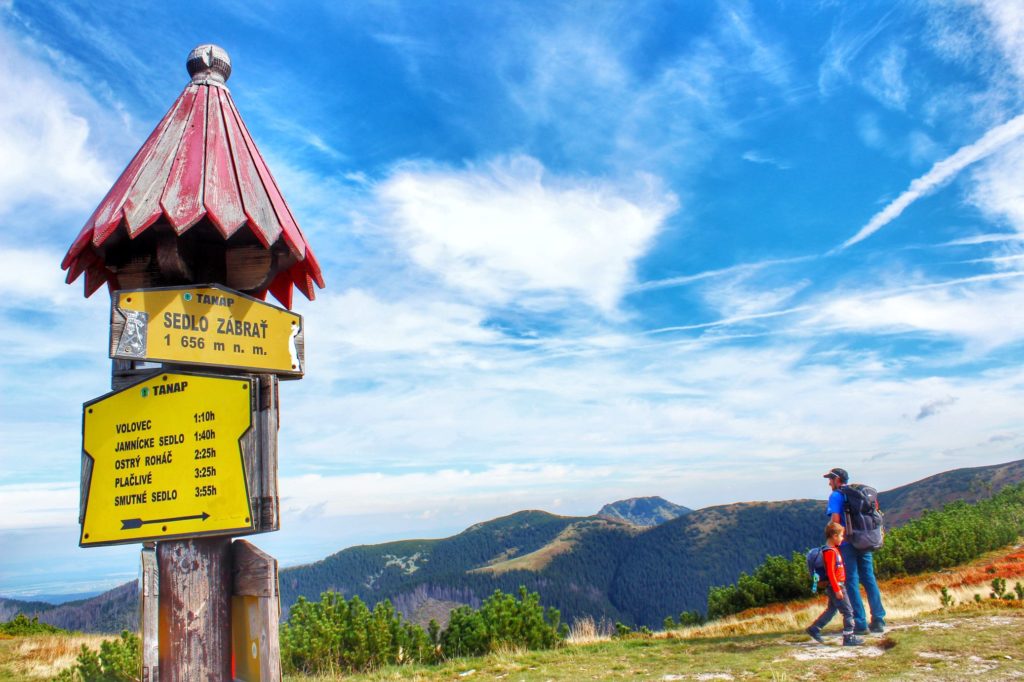 Słup z żółtymi tablicami, Górna tablica z napisem Zabratowa Przełęcz 1656 metrów nad poziomem morza, piękne błękitne niebo z białymi chmurami, w oddali widocznych dwóch turystów, w tym dziecko