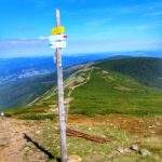 Słup z tabliczką Droga Jubileuszowa 1560 metrów nad poziomem morza, w tle krajobraz górski oraz błękitne niebo