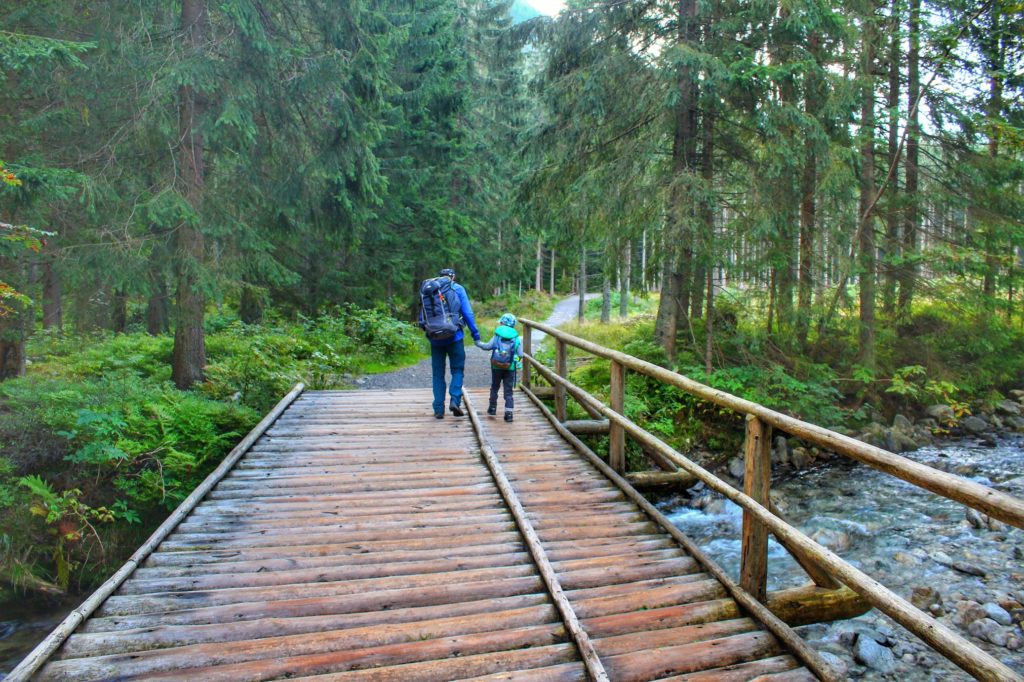 Turysta z dzieckiem przechodzący most leżący nad Potokiem Rohackim, w oddali leśna droga