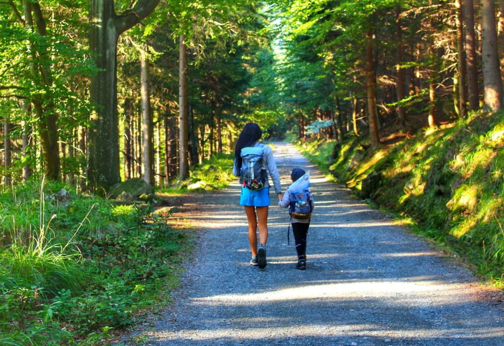 Turystka i dziecko wędrująca leśną drogą - Karkonoski Park Narodowy