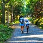Turystka i dziecko wędrująca leśną drogą - Karkonoski Park Narodowy