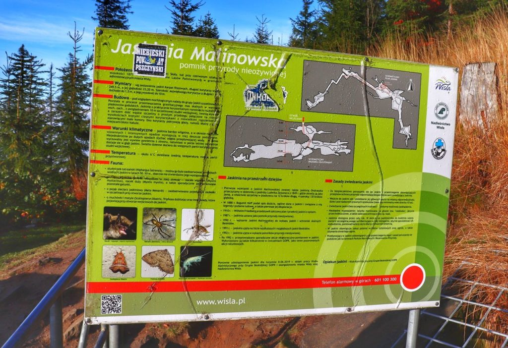 zielona tablica informacyjna opisująca Jaskinię Malinowską
